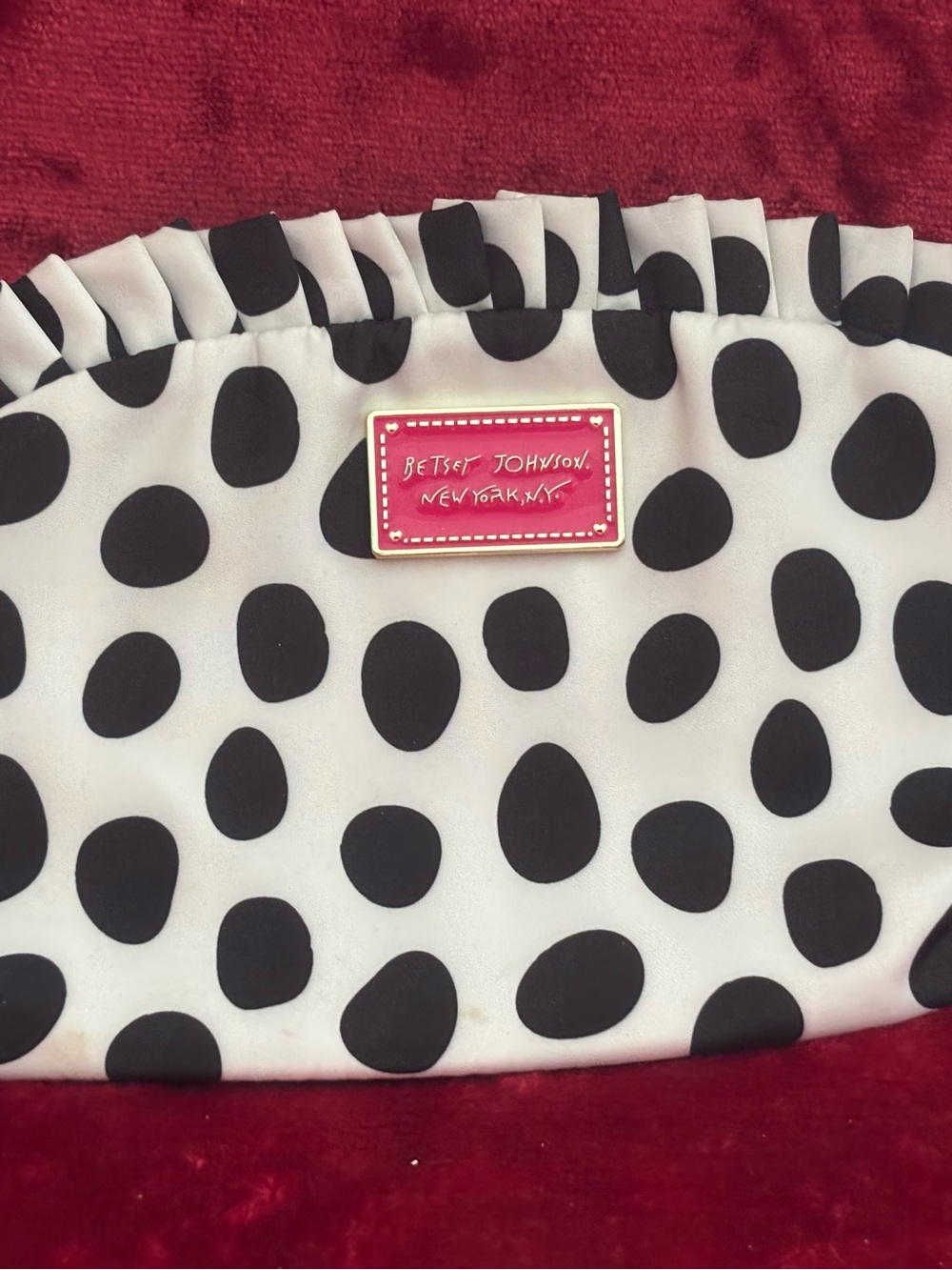 Betsey Johnson Black and White Polka Dot Cosmetic Bag with Pink Logo Plaque